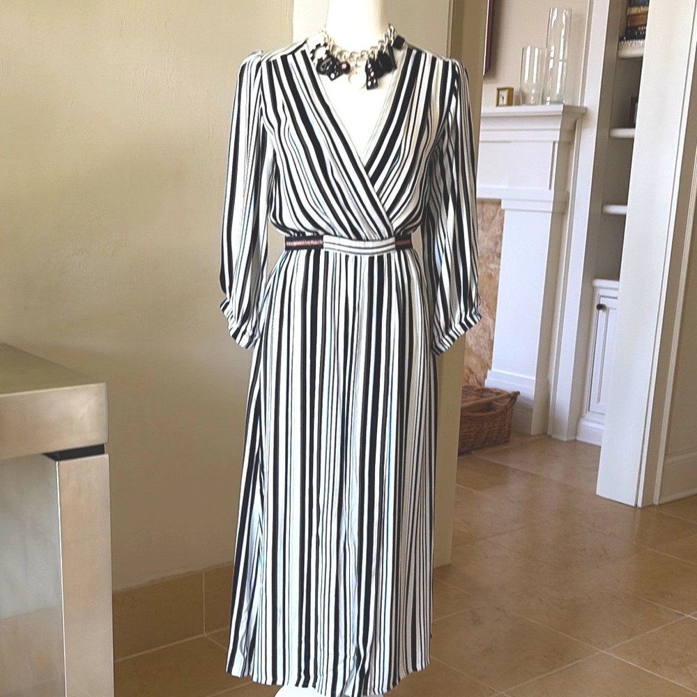 EUC SUNCOO Paris Black and White Striped Women's Dress, Sz Small